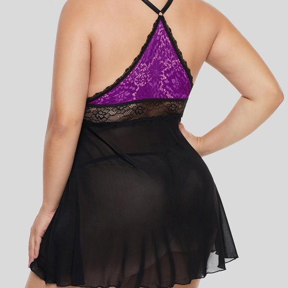 Queen Size Sexy Purple Black Baby Doll Set - Picture 2 of 6